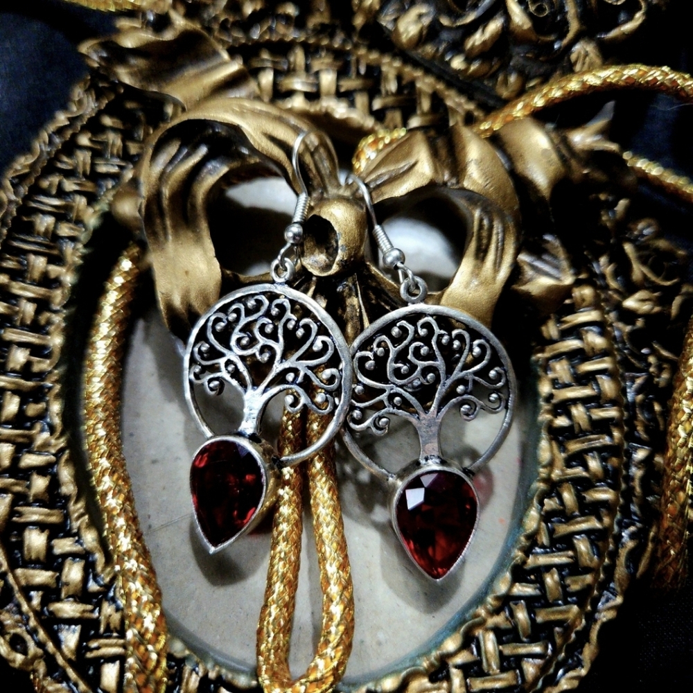Silver Tree of Life Earrings with Red Gemstone